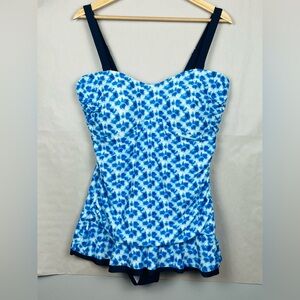 Mazurka Swim blue print 1 piece convertible strap modest skirted swimsuit, US16.